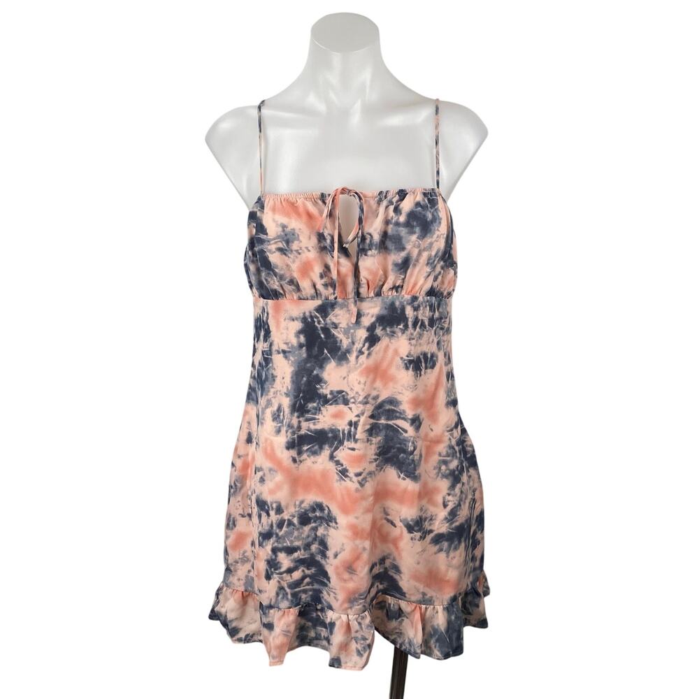 E.Ssue Women's Coral Blue Tie Dye Knot Ruffle Cami Camisole Tank Mini Dress M